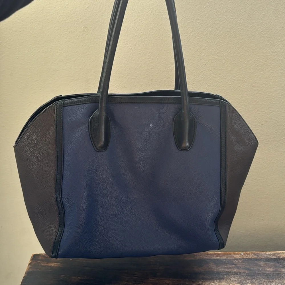 Furla Navy Blue and Dark Brown Leather Tote
